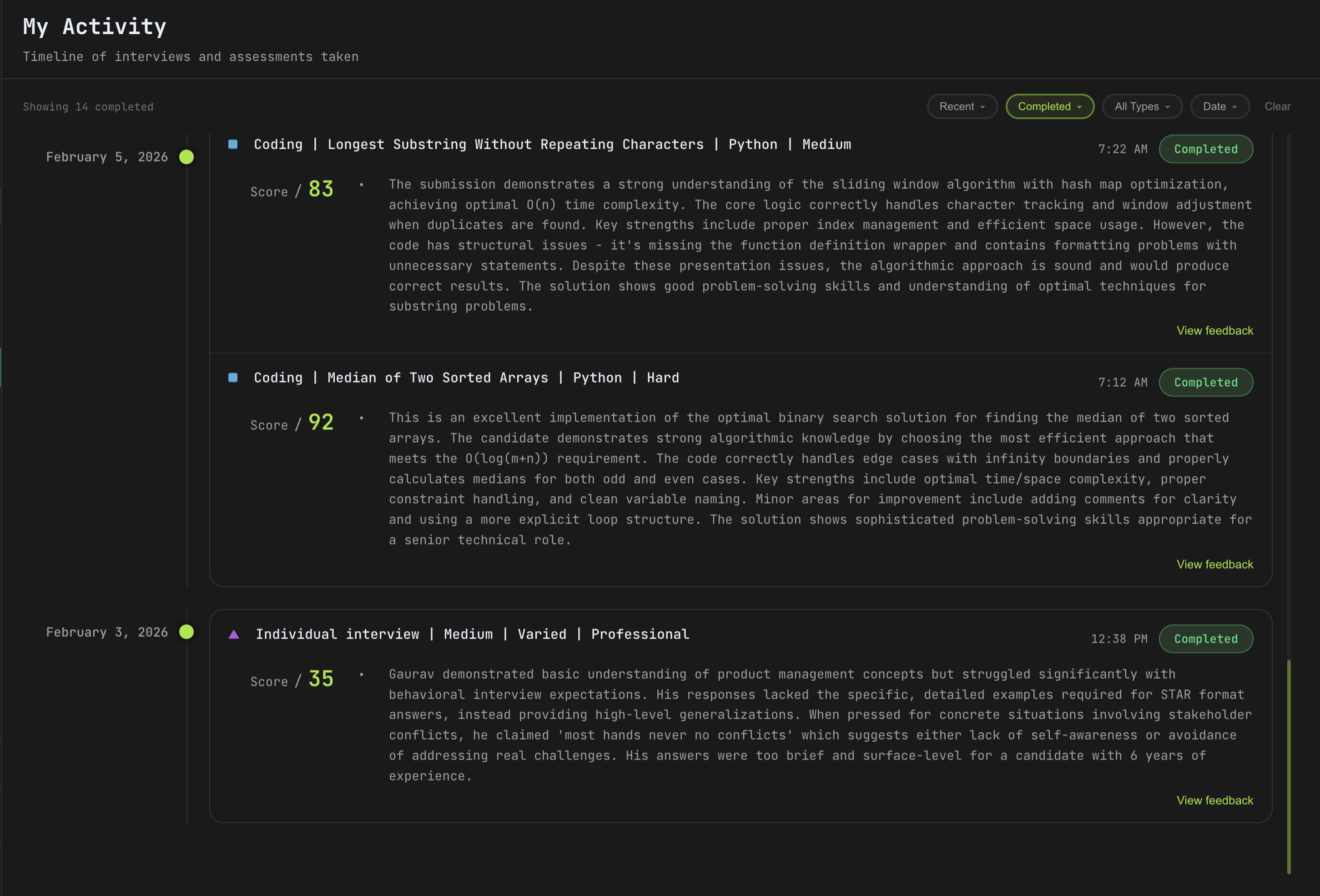Activity timeline showing interview scores and detailed AI feedback