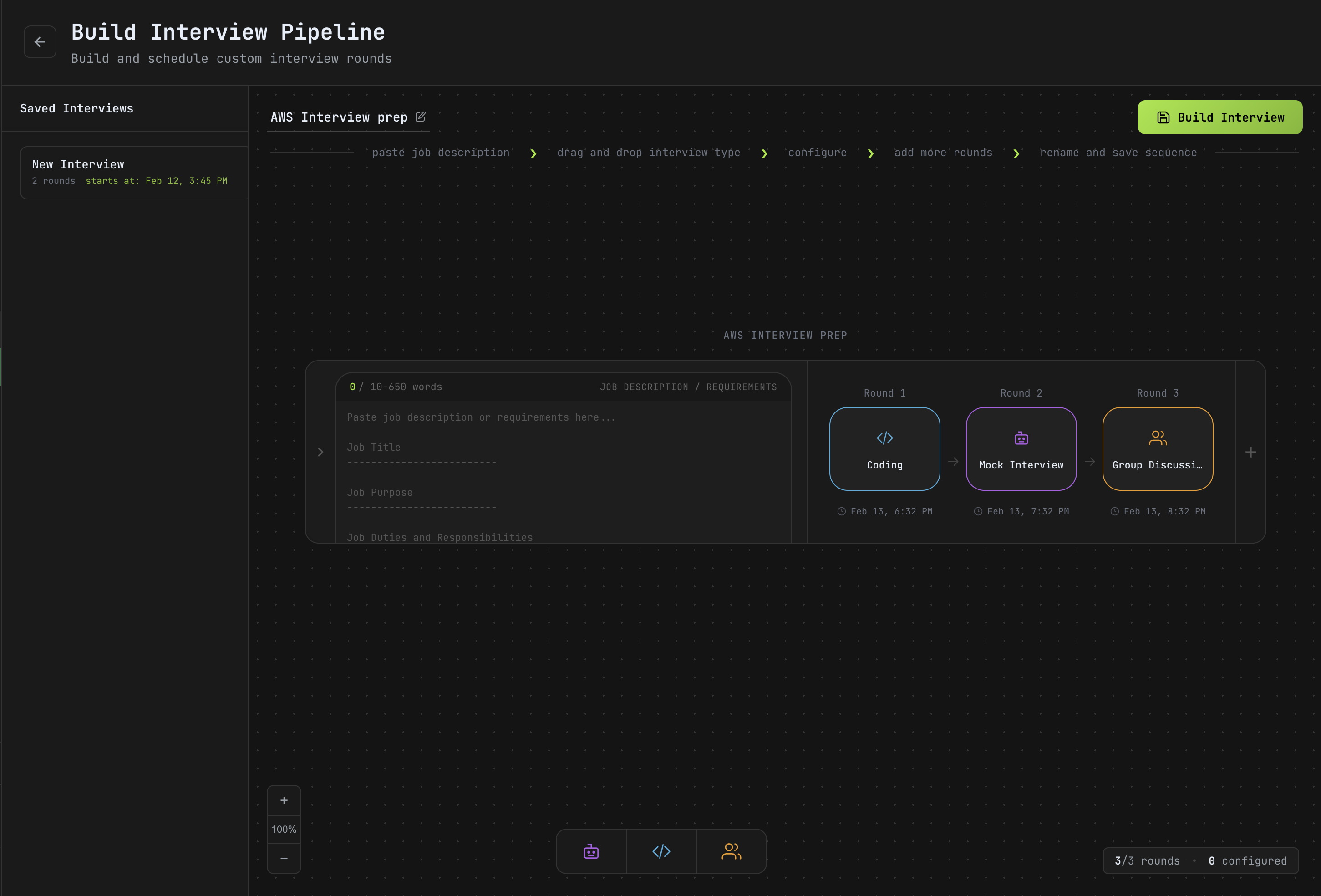 Build Interview Pipeline interface showing drag-and-drop round configuration